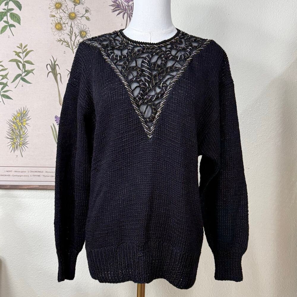 Vintage 80s Hand Knit Sheer Beaded Neck Sweater Witchy Whimsigoth Dark Fairy S